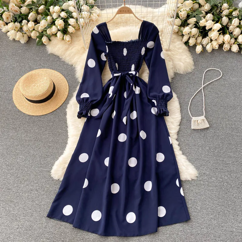 Polka Dot Elegant Vintage Dress Autumn Square Neck Long Sleeve Shirred Casual Midi Dress With Belt