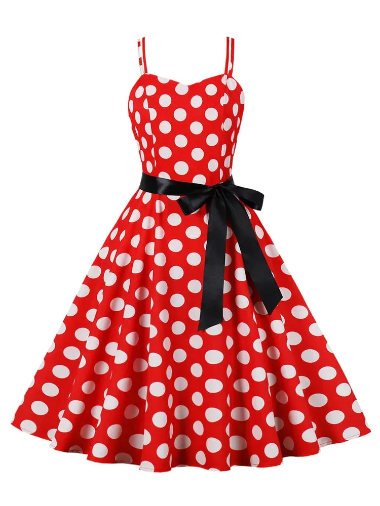 Polka Dot Vintage Spaghetti Strap A-Line Summer Dresses for Women Vacation Beach Casual Belted Midi Dress