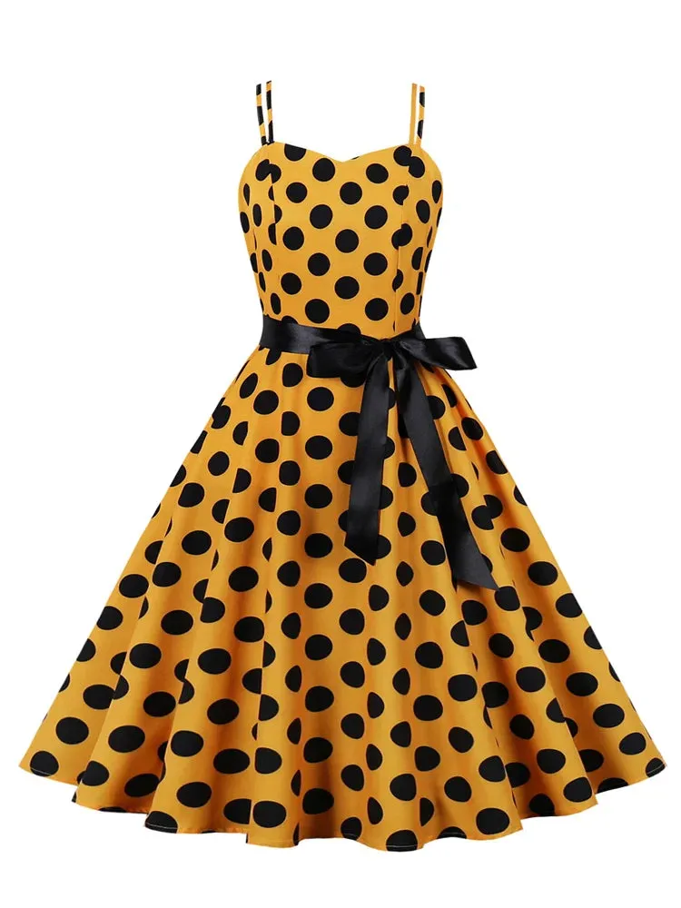 Polka Dot Vintage Spaghetti Strap A-Line Summer Dresses for Women Vacation Beach Casual Belted Midi Dress