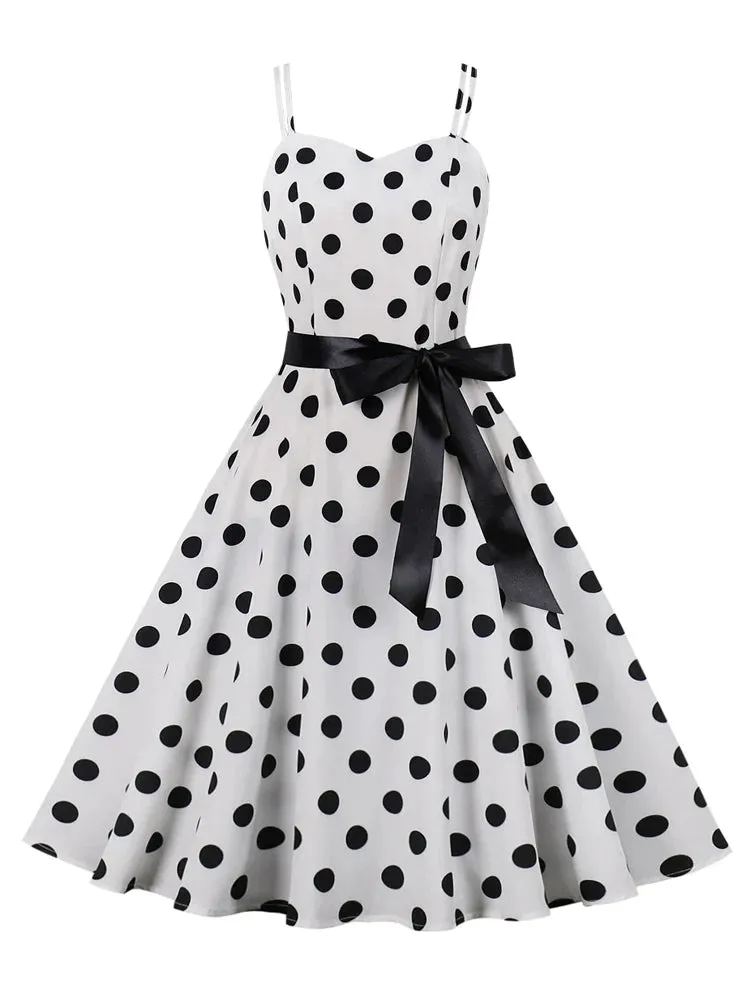 Polka Dot Vintage Spaghetti Strap A-Line Summer Dresses for Women Vacation Beach Casual Belted Midi Dress