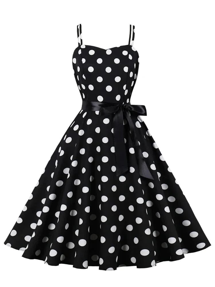 Polka Dot Vintage Spaghetti Strap A-Line Summer Dresses for Women Vacation Beach Casual Belted Midi Dress