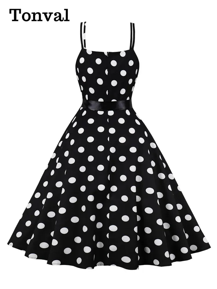 Polka Dot Vintage Spaghetti Strap A-Line Summer Dresses for Women Vacation Beach Casual Belted Midi Dress