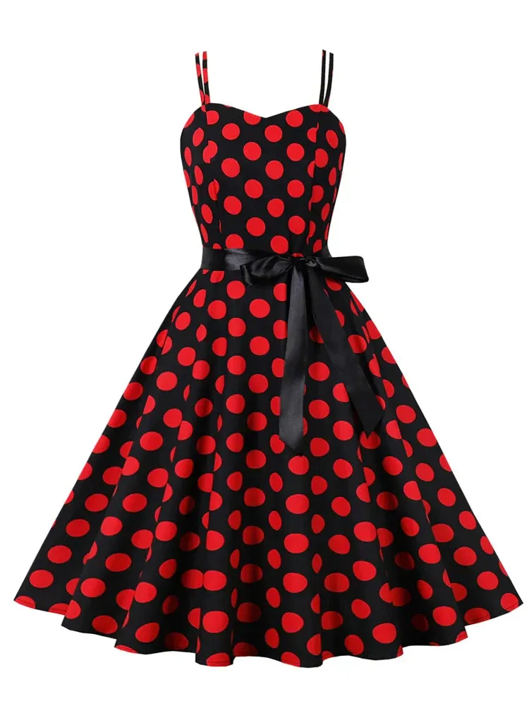 Polka Dot Vintage Spaghetti Strap A-Line Summer Dresses for Women Vacation Beach Casual Belted Midi Dress