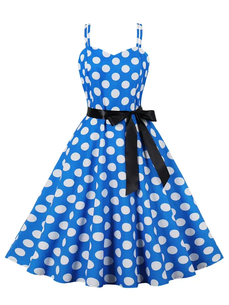 Polka Dot Vintage Spaghetti Strap A-Line Summer Dresses for Women Vacation Beach Casual Belted Midi Dress