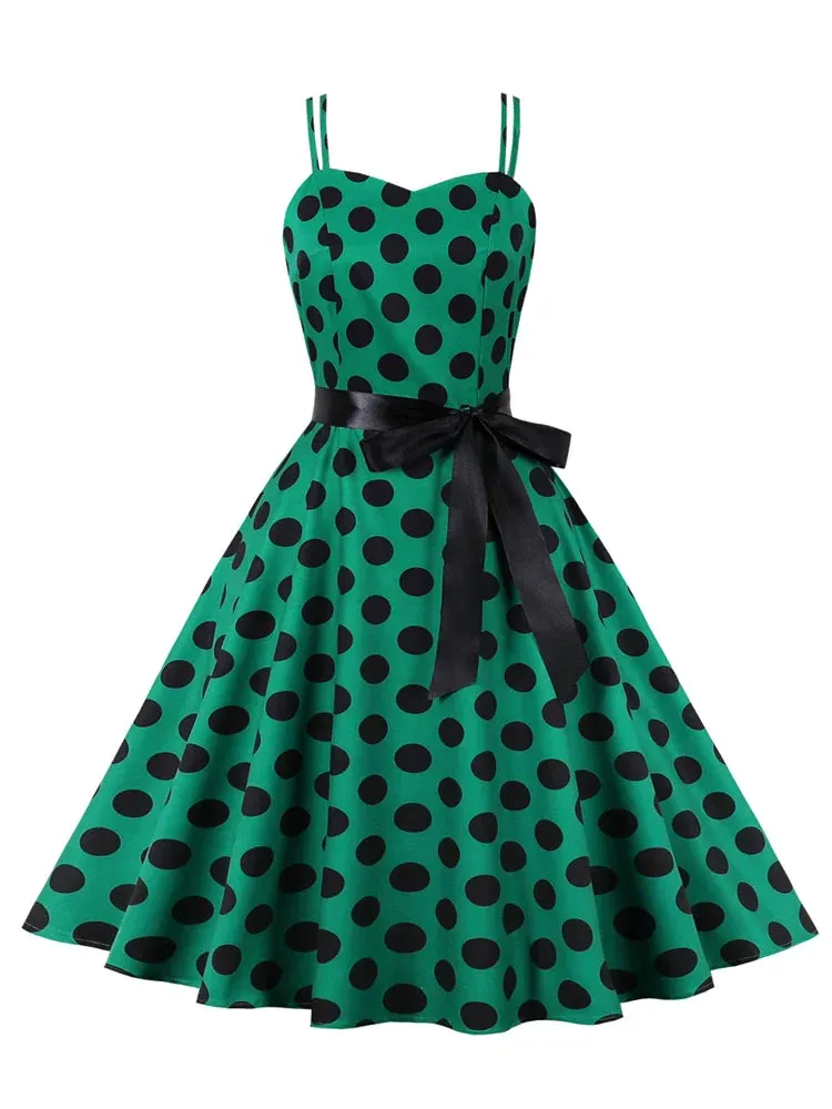 Polka Dot Vintage Spaghetti Strap A-Line Summer Dresses for Women Vacation Beach Casual Belted Midi Dress