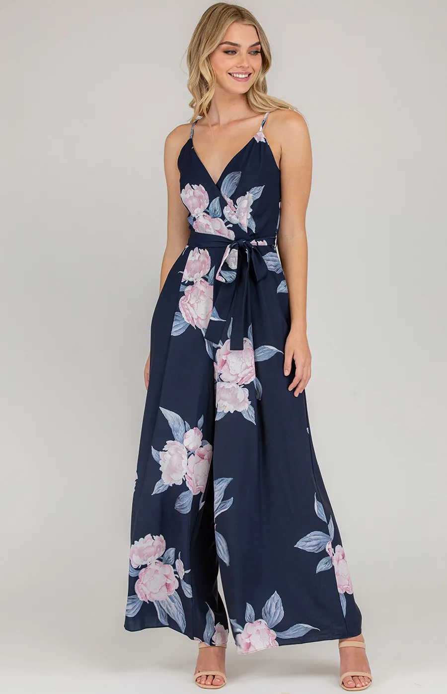 Printed V-Neck Jumpsuit with Wide Leg (AJP828-2B)