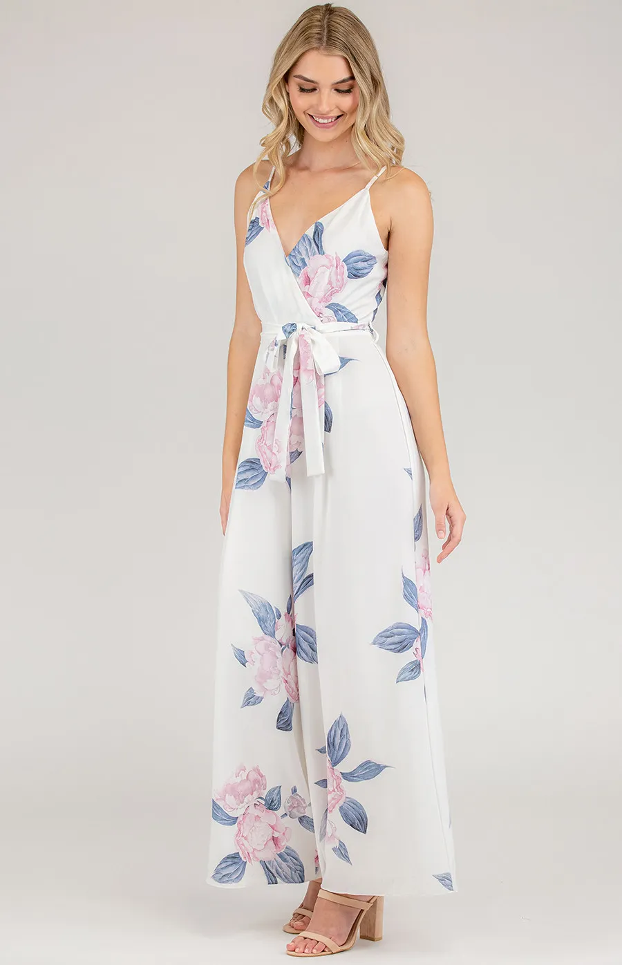 Printed V-Neck Jumpsuit with Wide Leg (AJP828-2B)