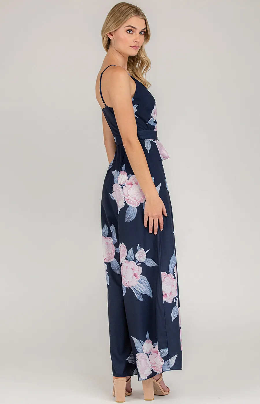 Printed V-Neck Jumpsuit with Wide Leg (AJP828-2B)