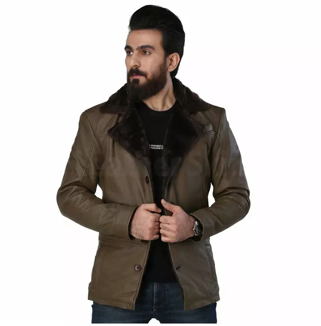 Punk Men's Genuine Leather Army Green Coat