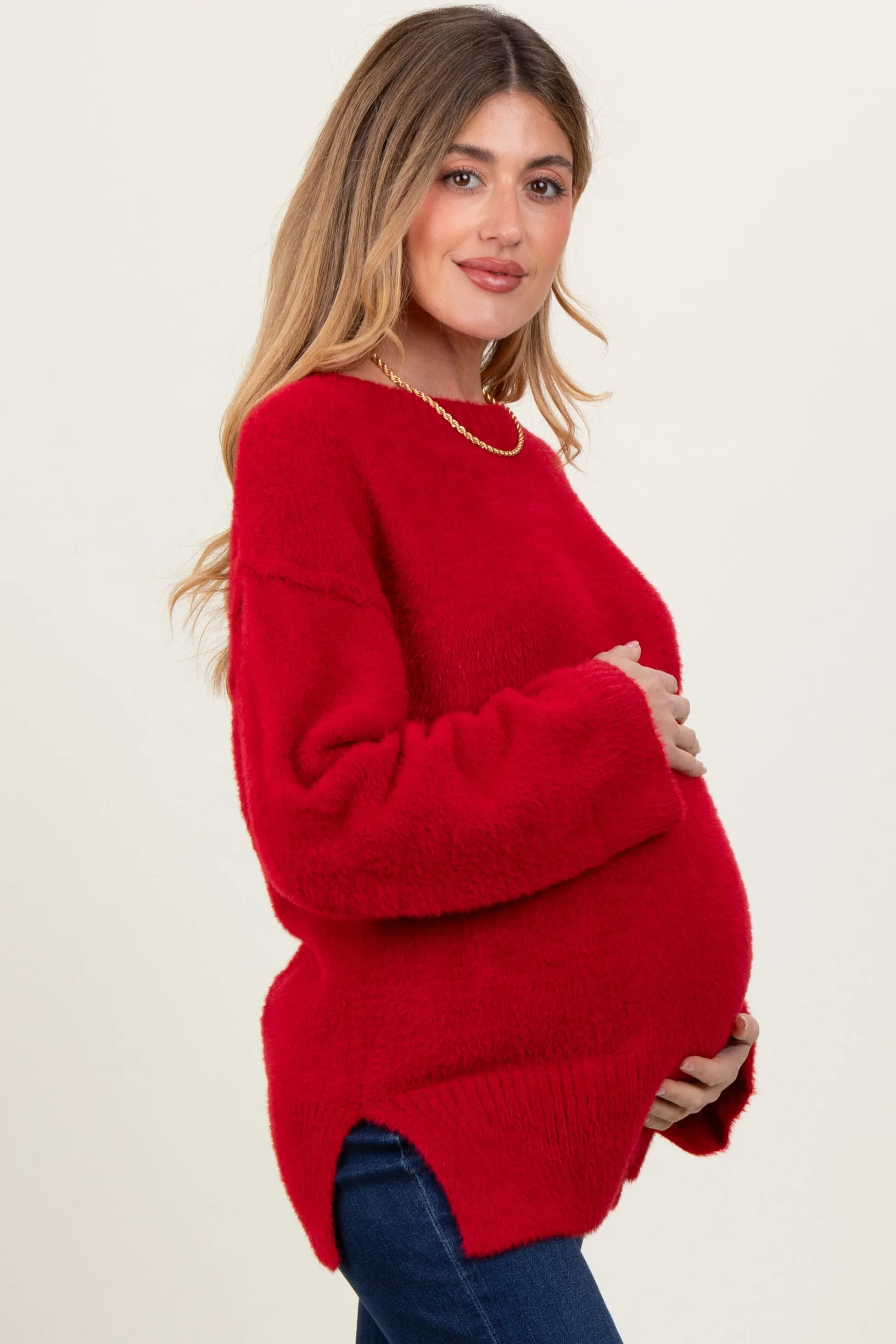 Red Fuzzy Knit Oversized Maternity Sweater