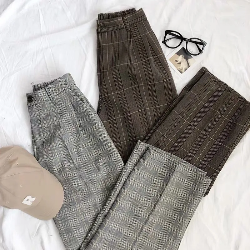 RETRO HIGH-WAIST PLAID CASUAL PANTS BY22807