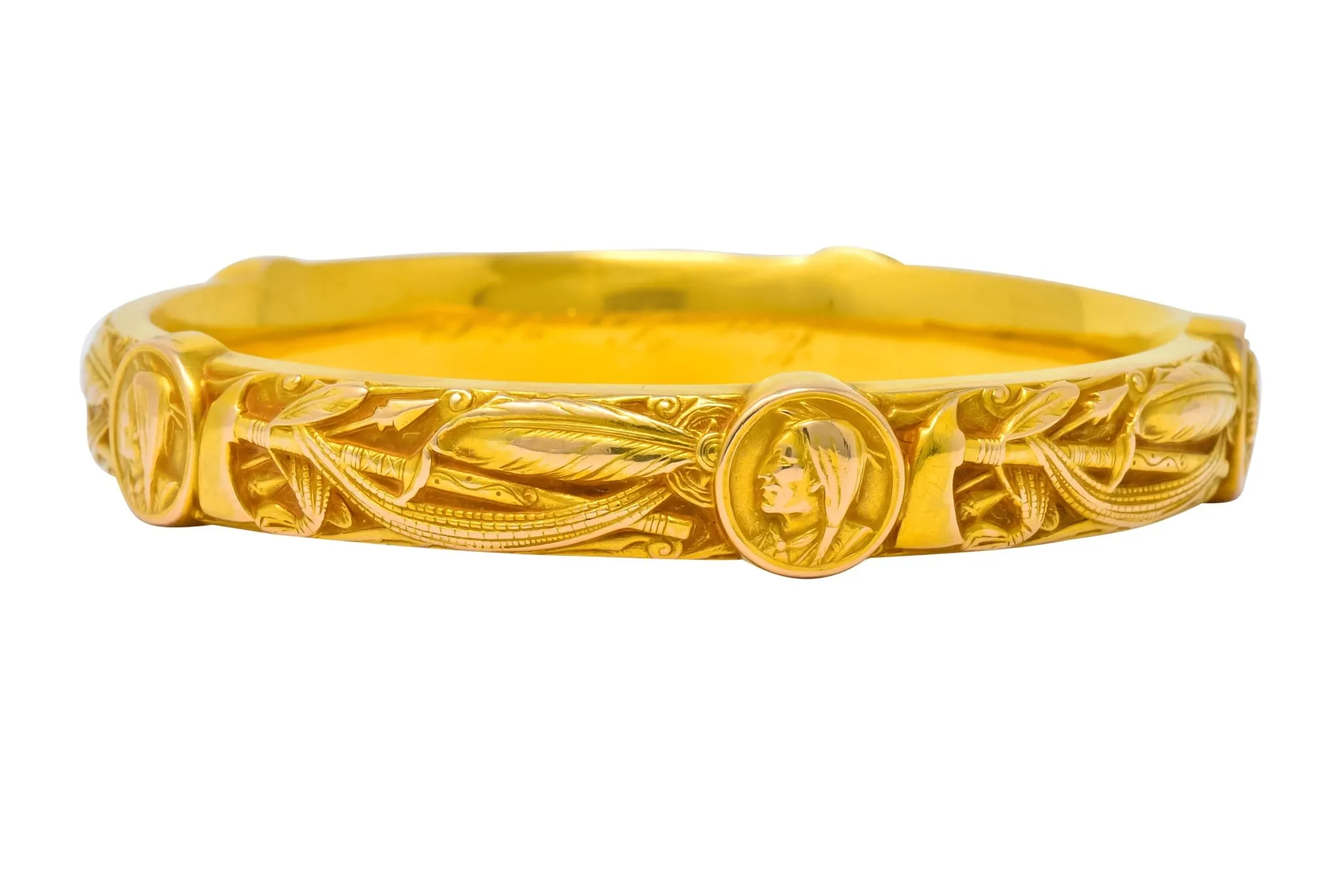 Riker Brothers Art Nouveau 14 Karat Gold Native American Bangle Bracelet