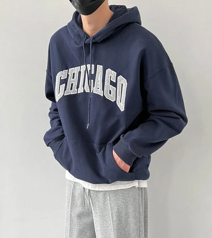 RT No. 5421 DARK BLUE CHICAGO LETTERED HOODIE