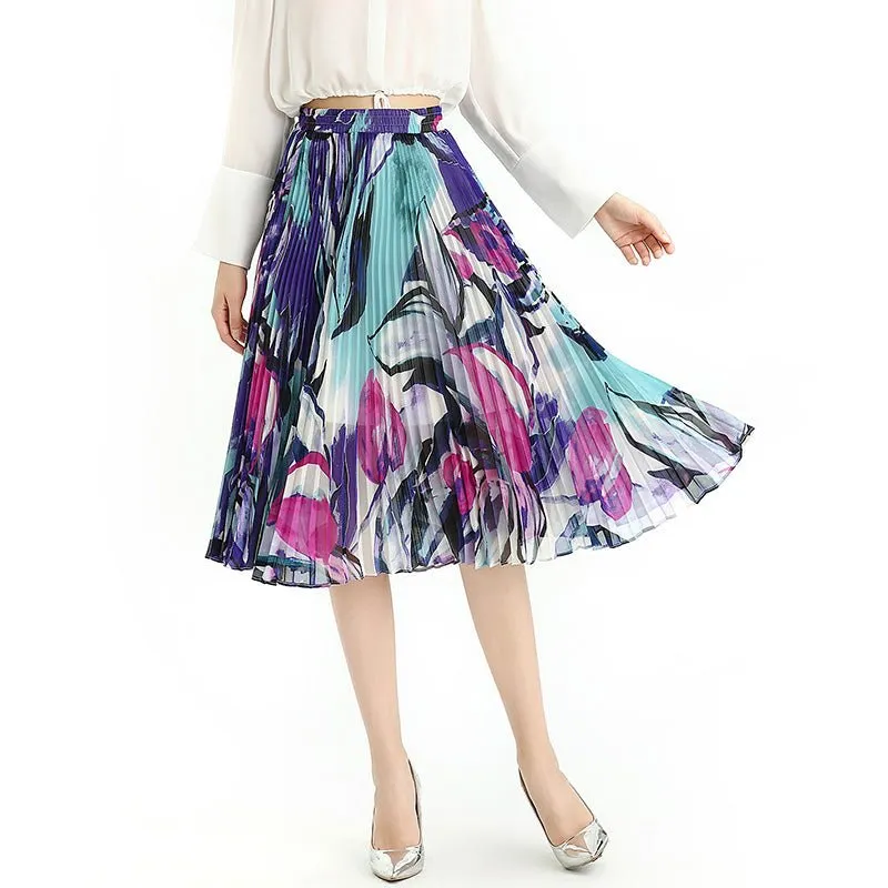 S076-2 Women Floral print chiffon pleated casual midi skirt