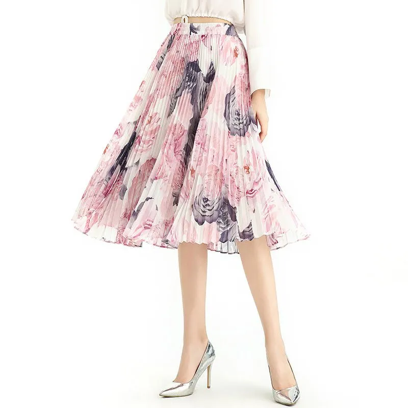 S076-2 Women Floral print chiffon pleated casual midi skirt