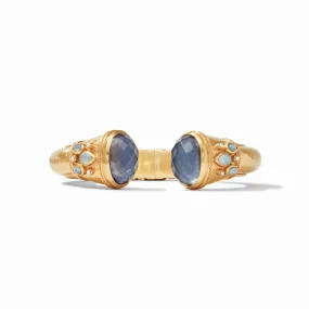 Savannah Hinge Cuff Gold Iridescent Slate Blue Endcaps & Pearl Accents by Julie Vos