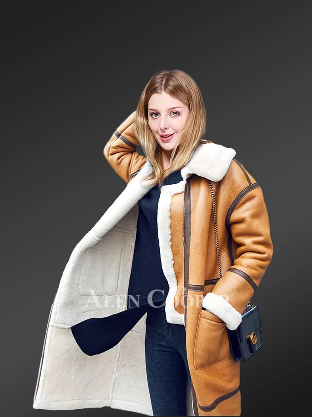 Shearling Trench Coat In Brown For Women