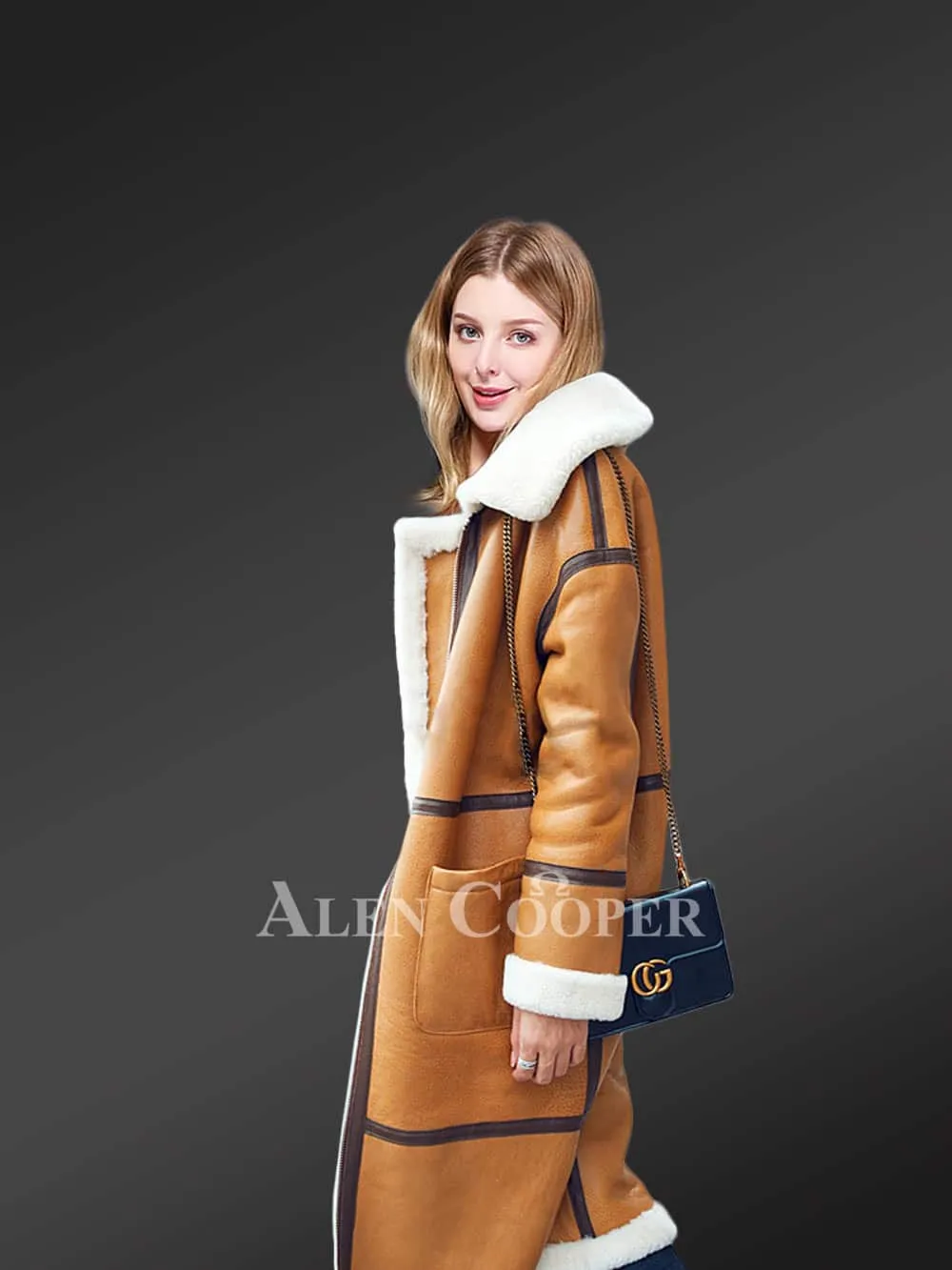 Shearling Trench Coat In Brown For Women