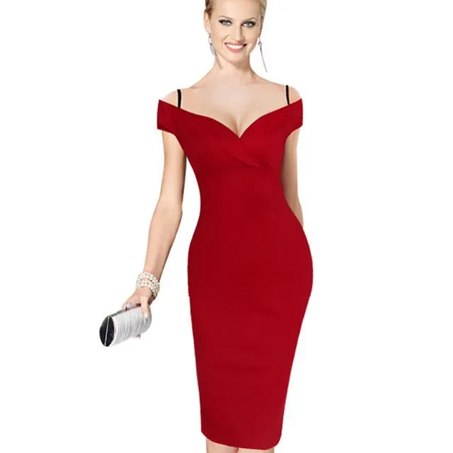 Solid Strap Slash Neck Bodycon Midi Casual Work Wear Dress for Women