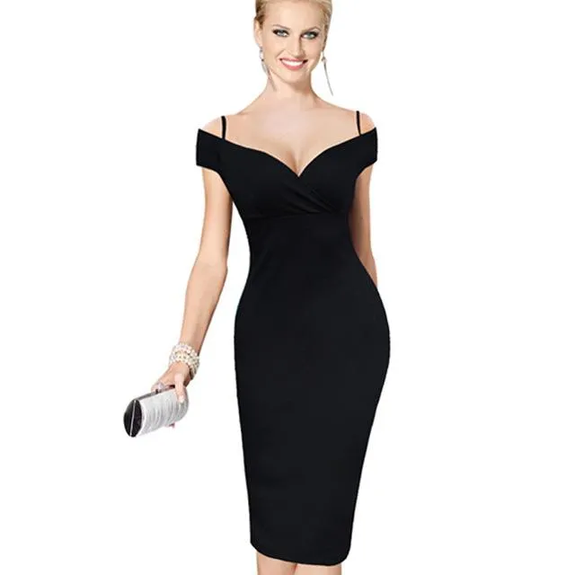 Solid Strap Slash Neck Bodycon Midi Casual Work Wear Dress for Women