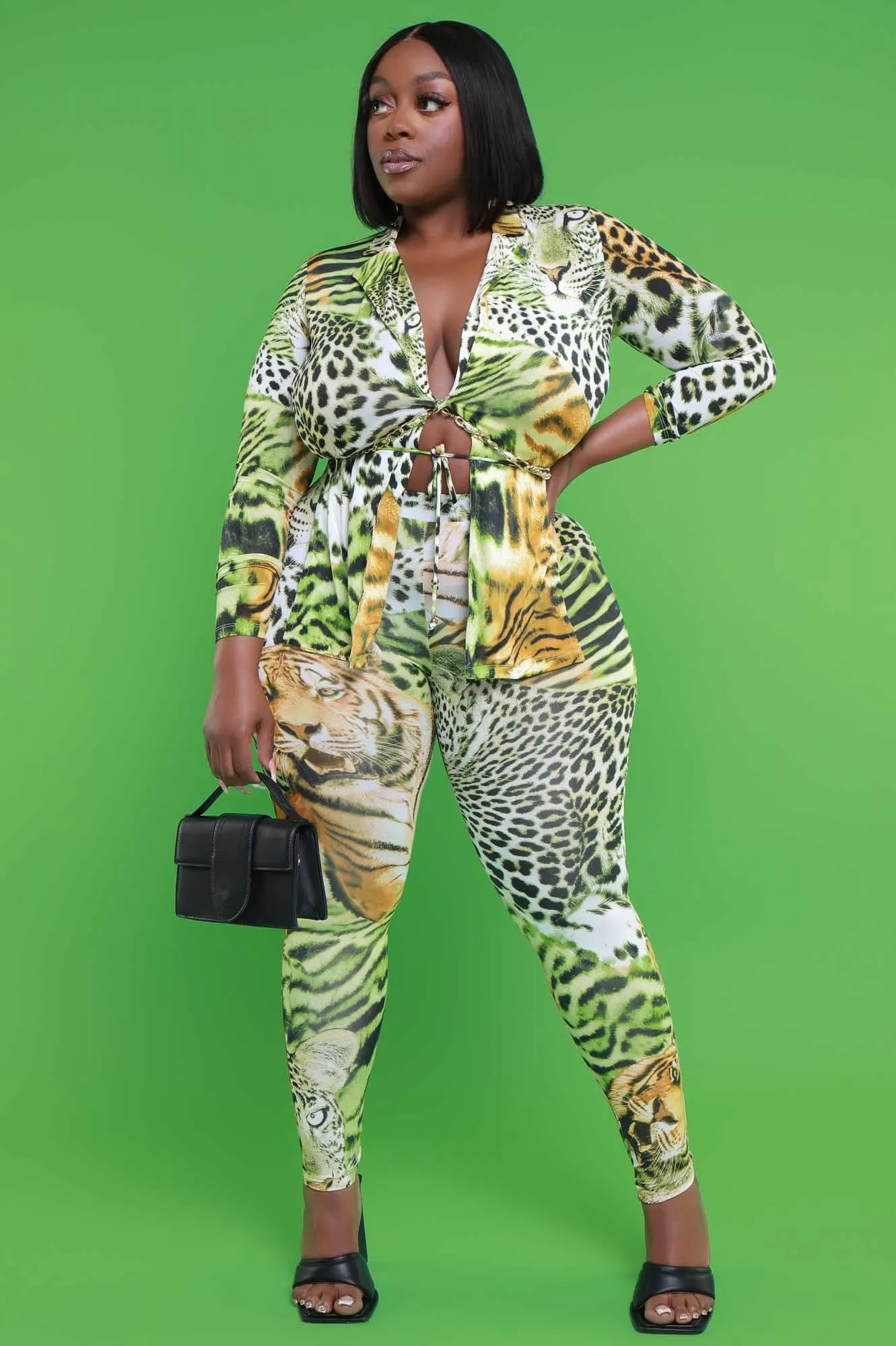 Speak On It Animal Print Leggings Set - Green Multicolor