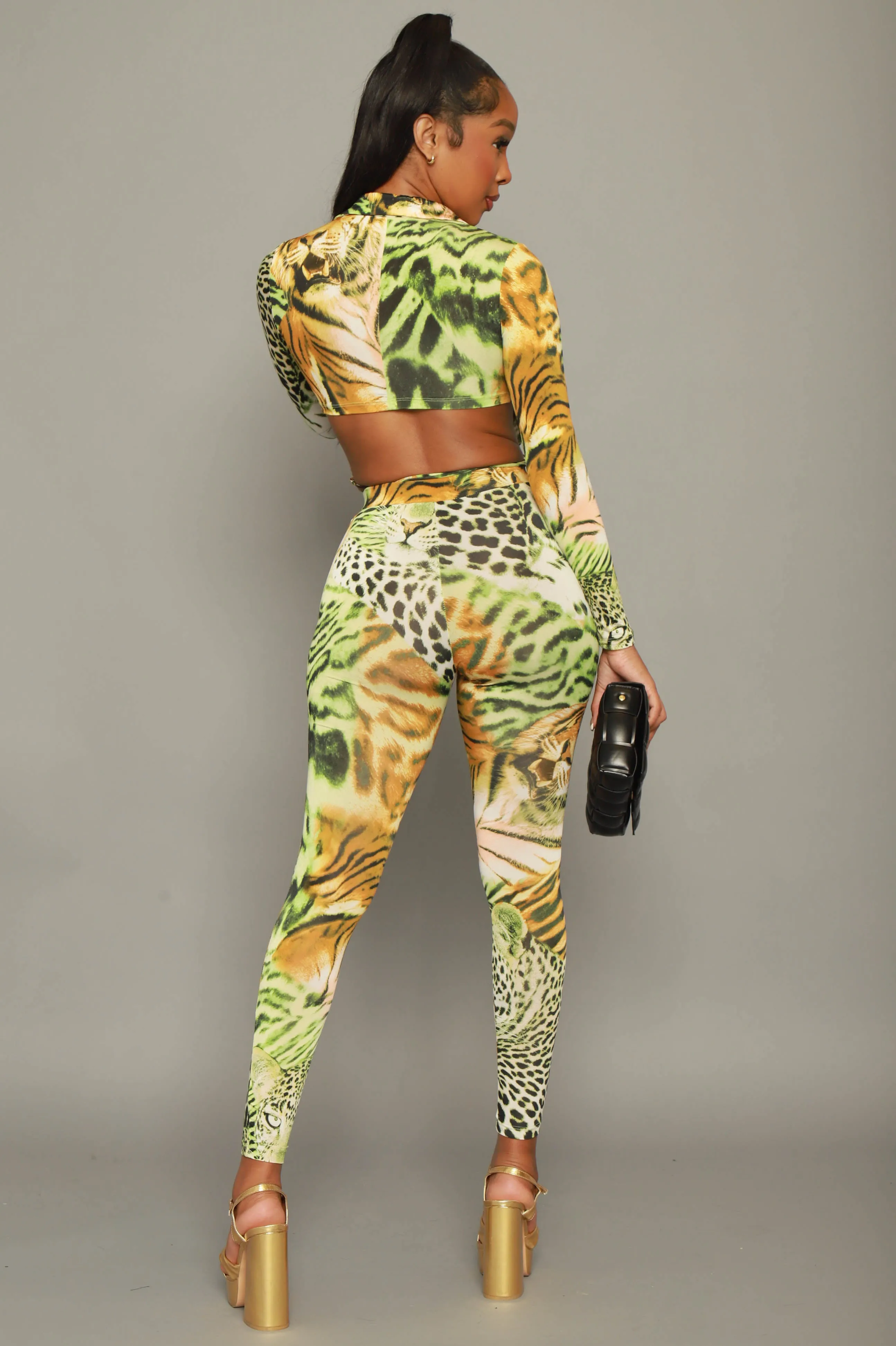 Speak On It Animal Print Leggings Set - Green Multicolor