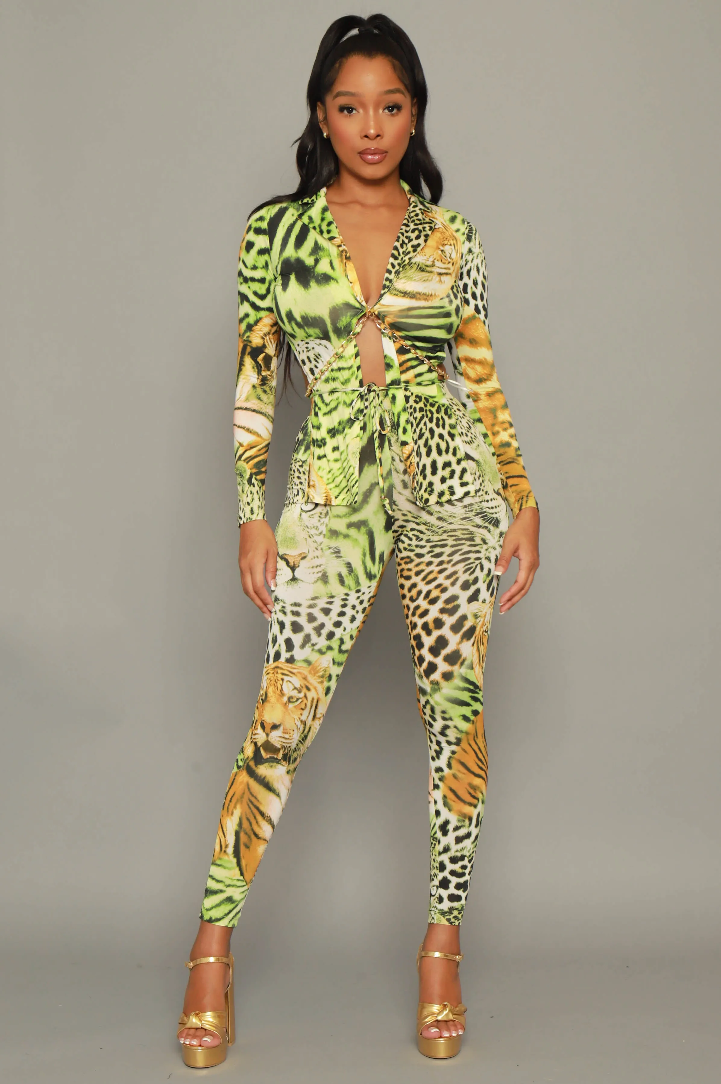 Speak On It Animal Print Leggings Set - Green Multicolor