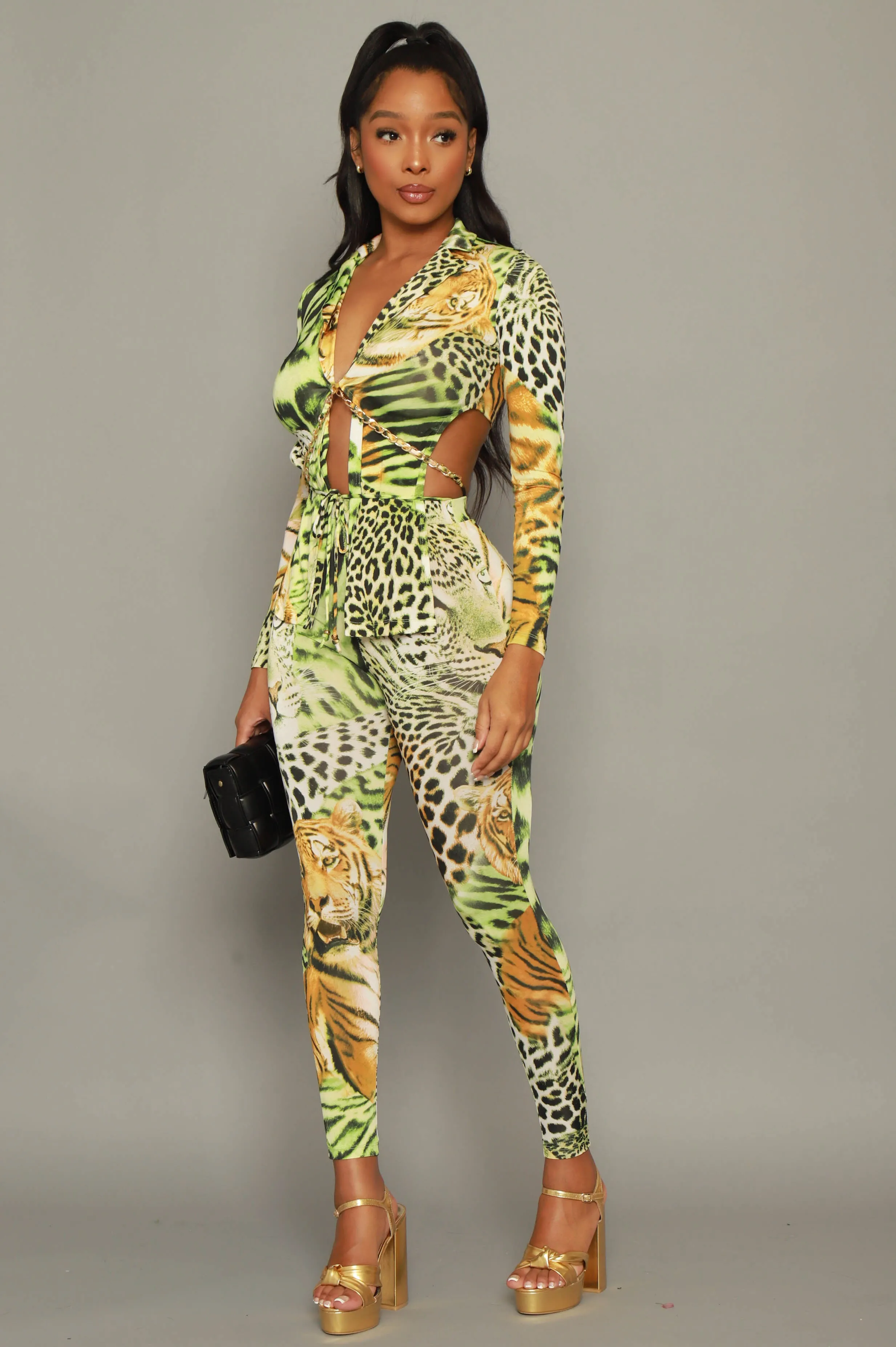 Speak On It Animal Print Leggings Set - Green Multicolor