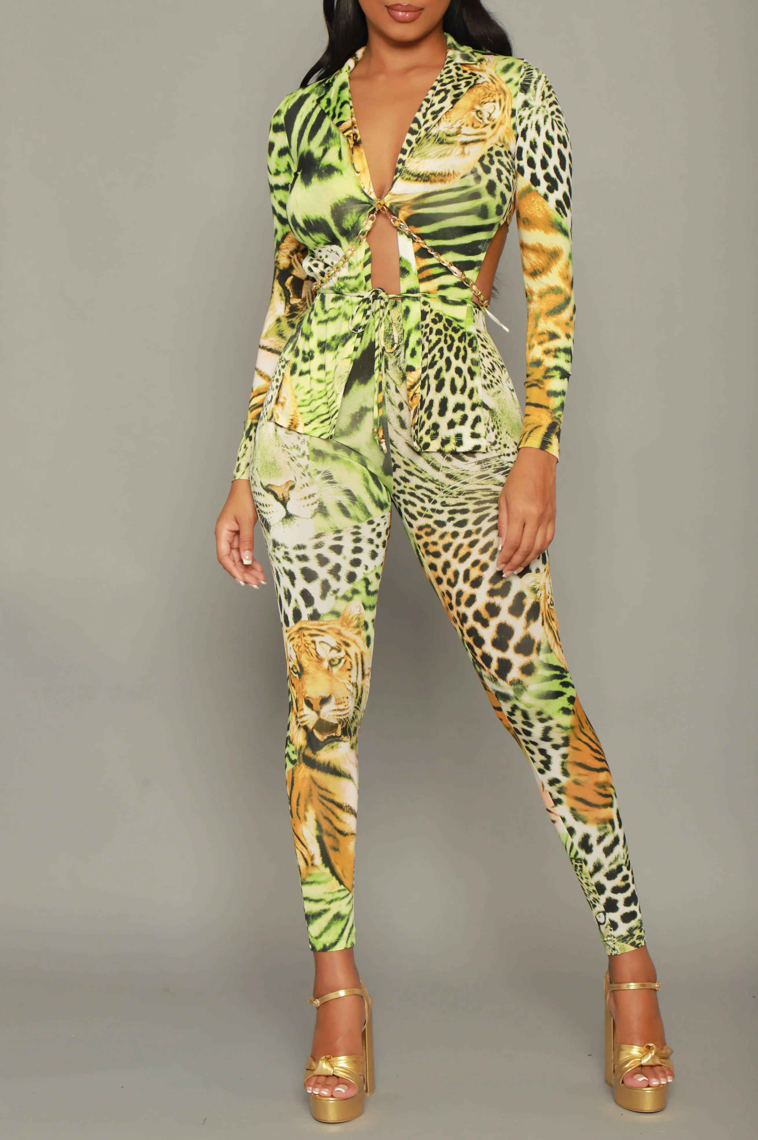 Speak On It Animal Print Leggings Set - Green Multicolor