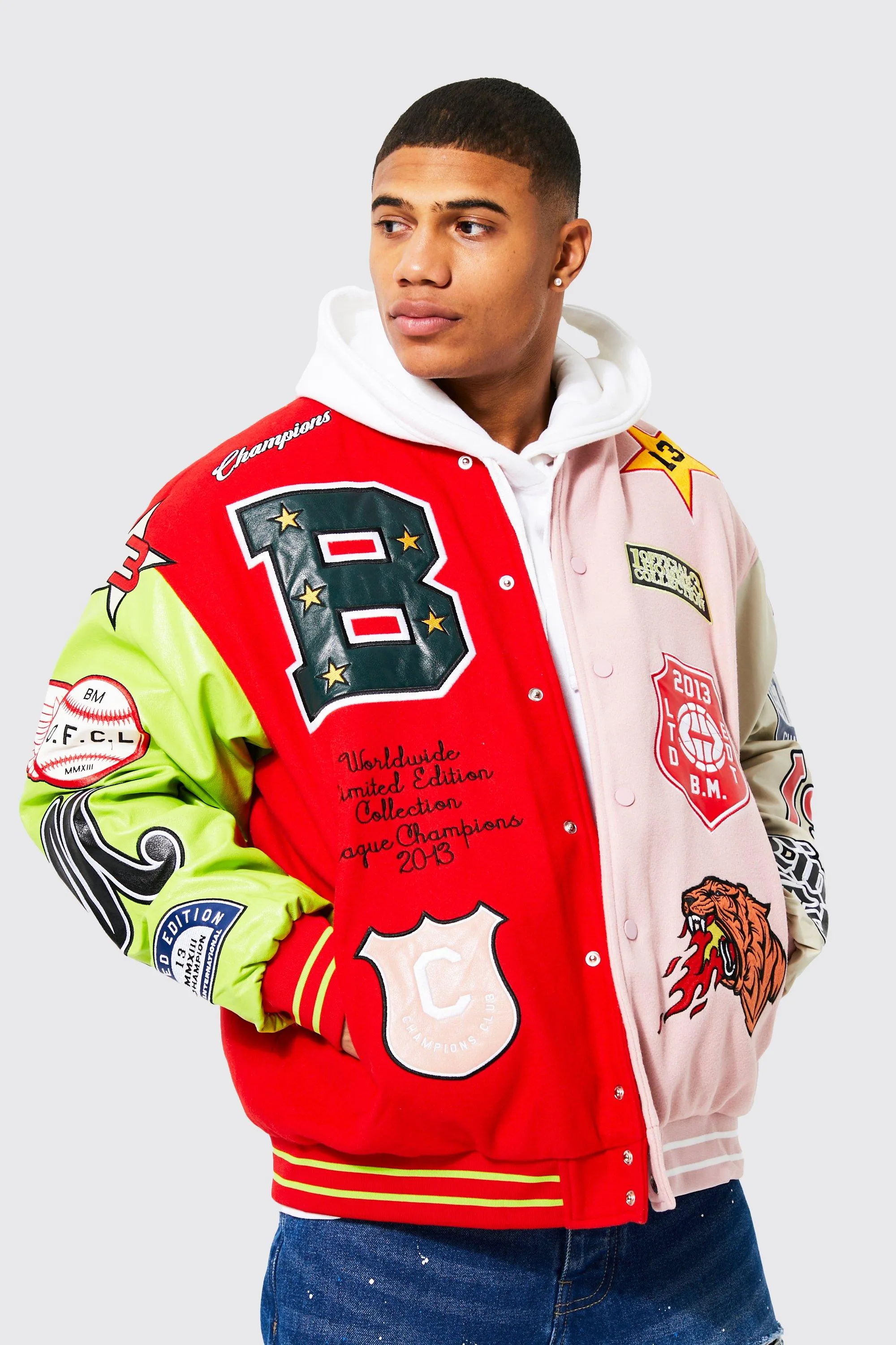 Spliced Back Tiger Badge Varsity Jacket