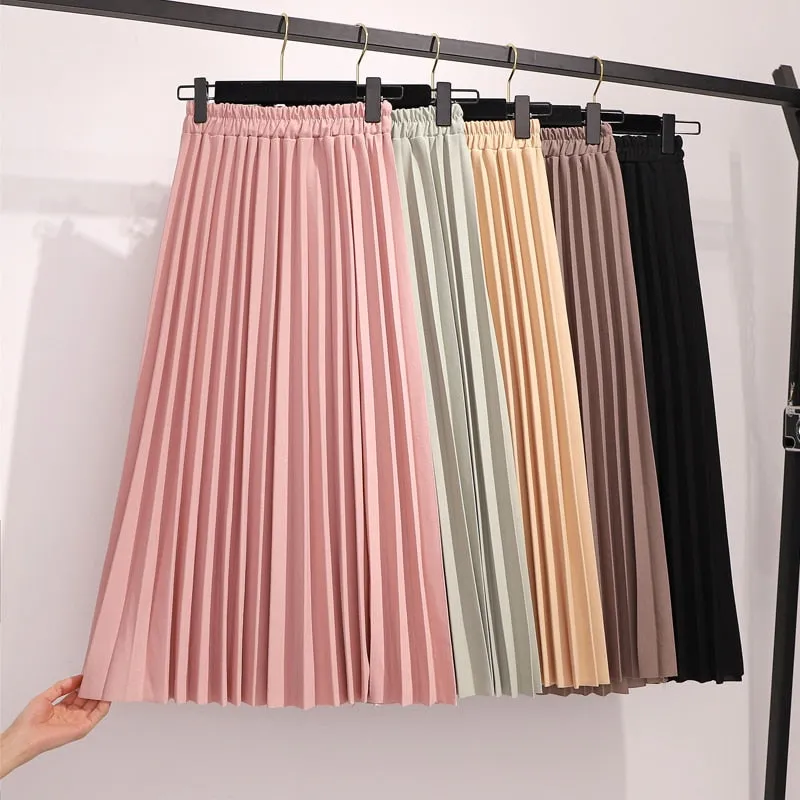 Spring Pleated Women Casual Solid Korean Elastic High Waist Midi Pink Black Skirt