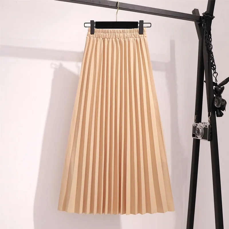 Spring Pleated Women Casual Solid Korean Elastic High Waist Midi Pink Black Skirt