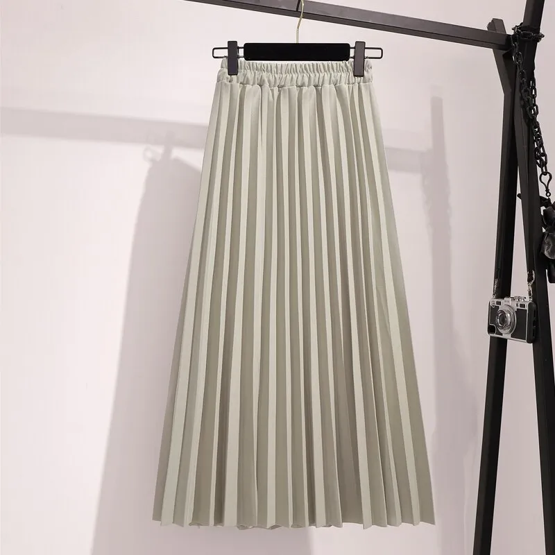 Spring Pleated Women Casual Solid Korean Elastic High Waist Midi Pink Black Skirt