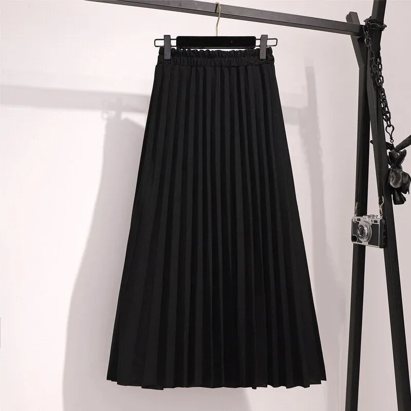 Spring Pleated Women Casual Solid Korean Elastic High Waist Midi Pink Black Skirt