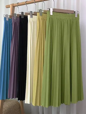 Spring Summer Elastic High Waist Elegant Pleated Skirt Women Solid Casual Midi Long Skirt