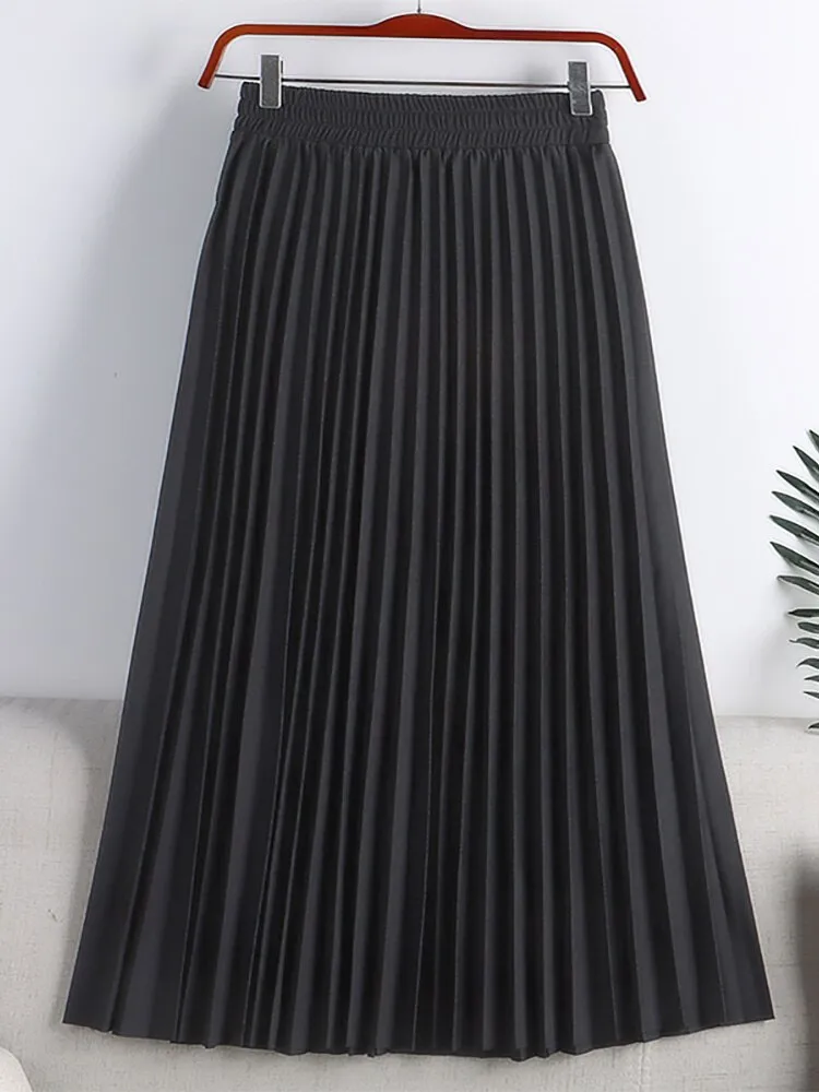 Spring Summer Elastic High Waist Elegant Pleated Skirt Women Solid Casual Midi Long Skirt