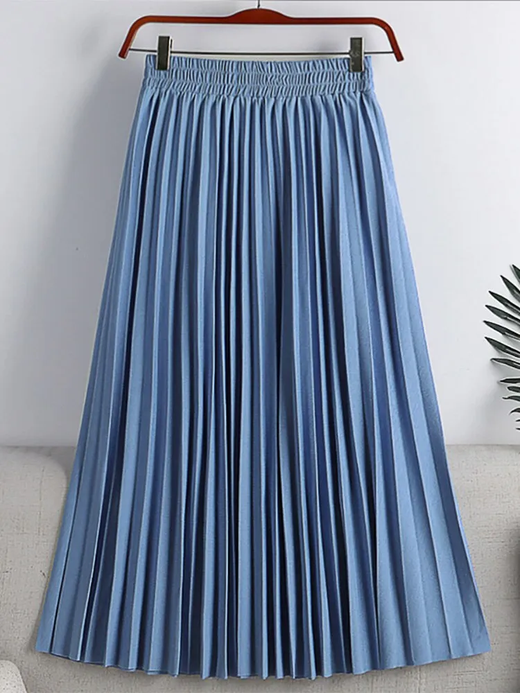 Spring Summer Elastic High Waist Elegant Pleated Skirt Women Solid Casual Midi Long Skirt