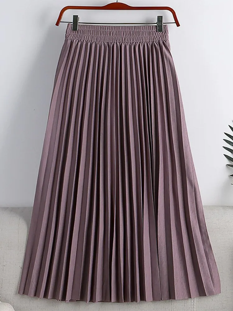 Spring Summer Elastic High Waist Elegant Pleated Skirt Women Solid Casual Midi Long Skirt