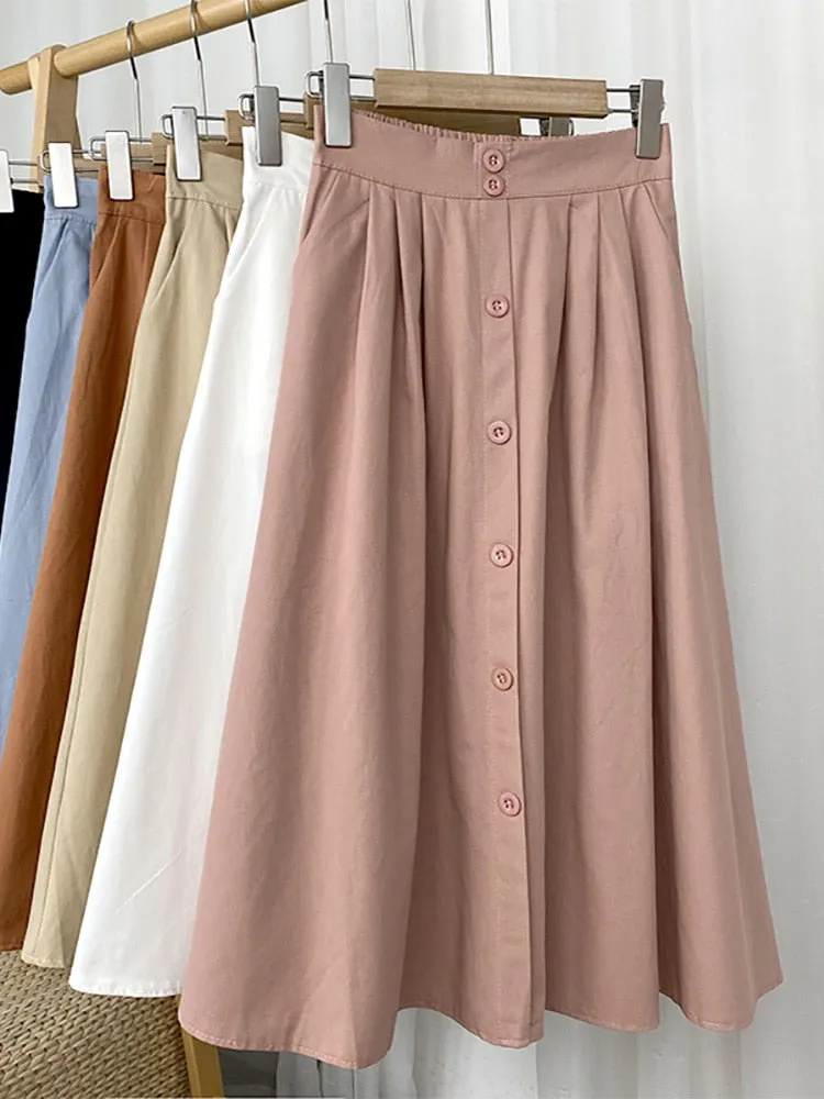 Spring Summer Front Buttons Big Swing A Line Side Pockets Elastic High Waist Casual Midi Skirt