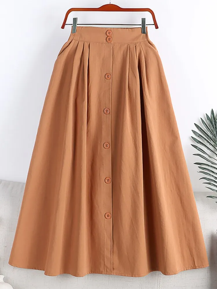 Spring Summer Front Buttons Big Swing A Line Side Pockets Elastic High Waist Casual Midi Skirt