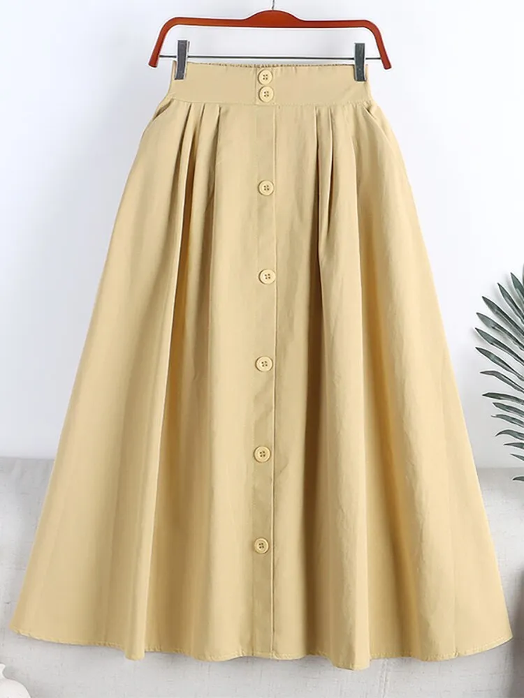 Spring Summer Front Buttons Big Swing A Line Side Pockets Elastic High Waist Casual Midi Skirt