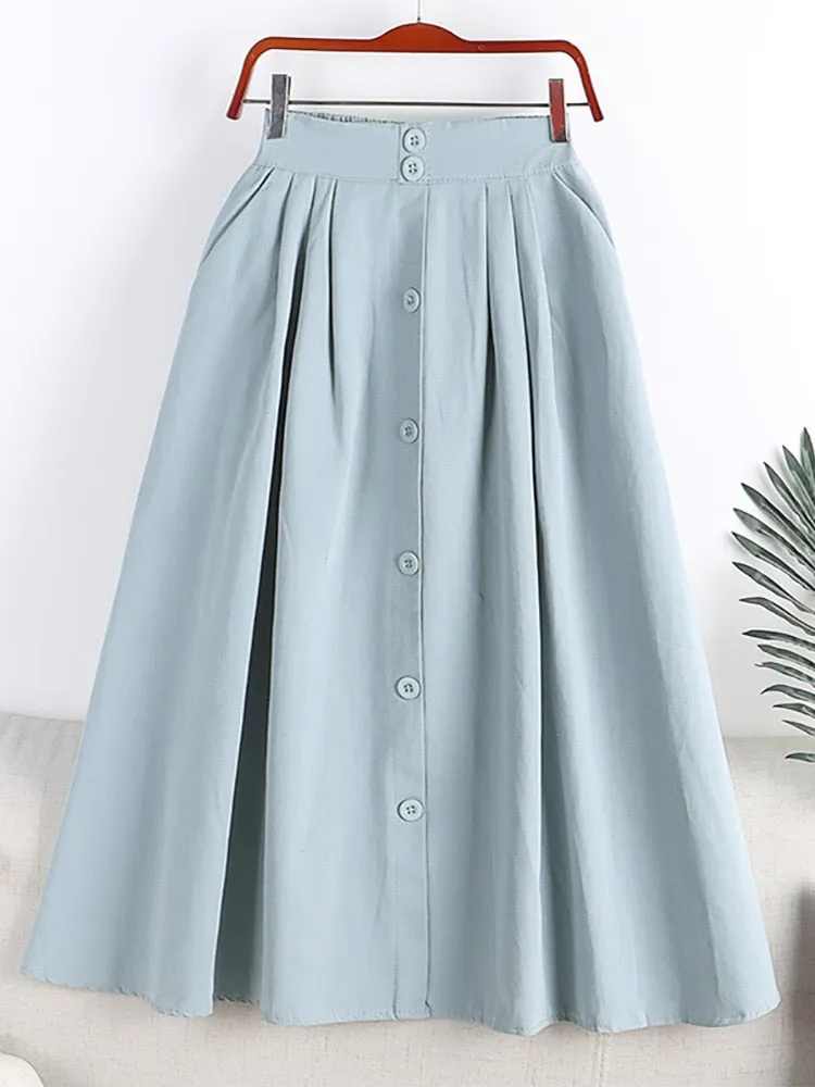 Spring Summer Front Buttons Big Swing A Line Side Pockets Elastic High Waist Casual Midi Skirt