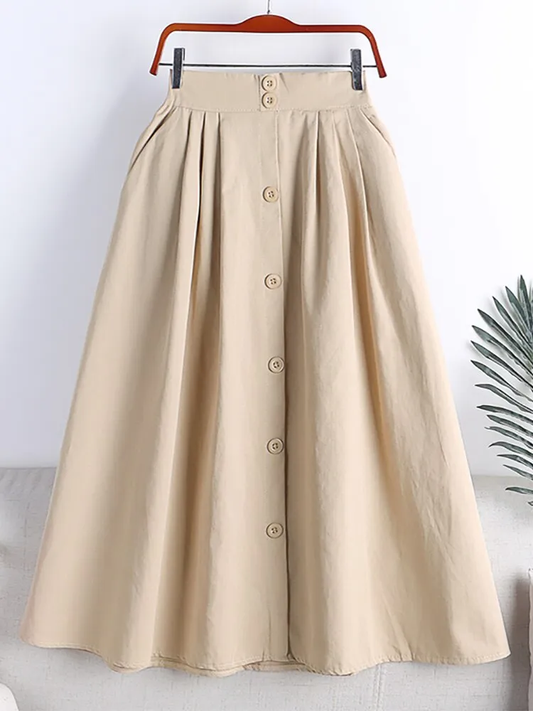 Spring Summer Front Buttons Big Swing A Line Side Pockets Elastic High Waist Casual Midi Skirt