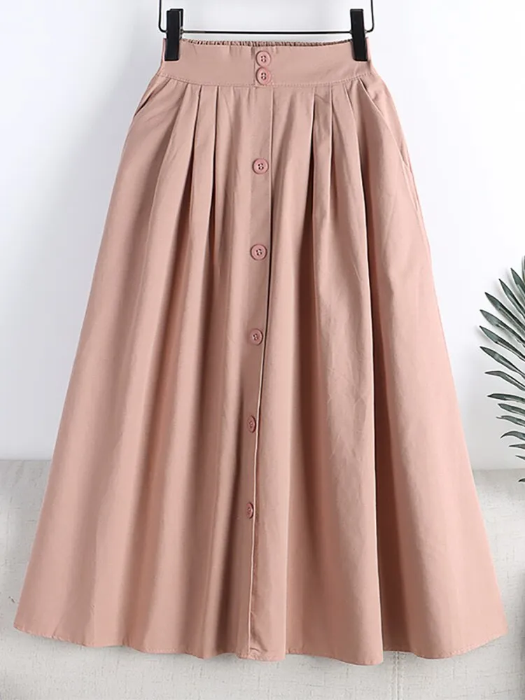 Spring Summer Front Buttons Big Swing A Line Side Pockets Elastic High Waist Casual Midi Skirt