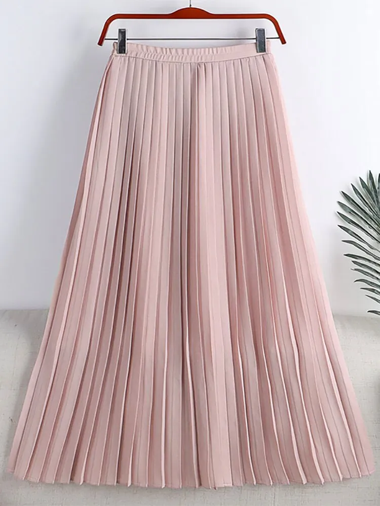 Spring Summer Women Solid Casual Flowy Chiffon Skirt Elastic High Waist Elegant Midi Pleated Skirt