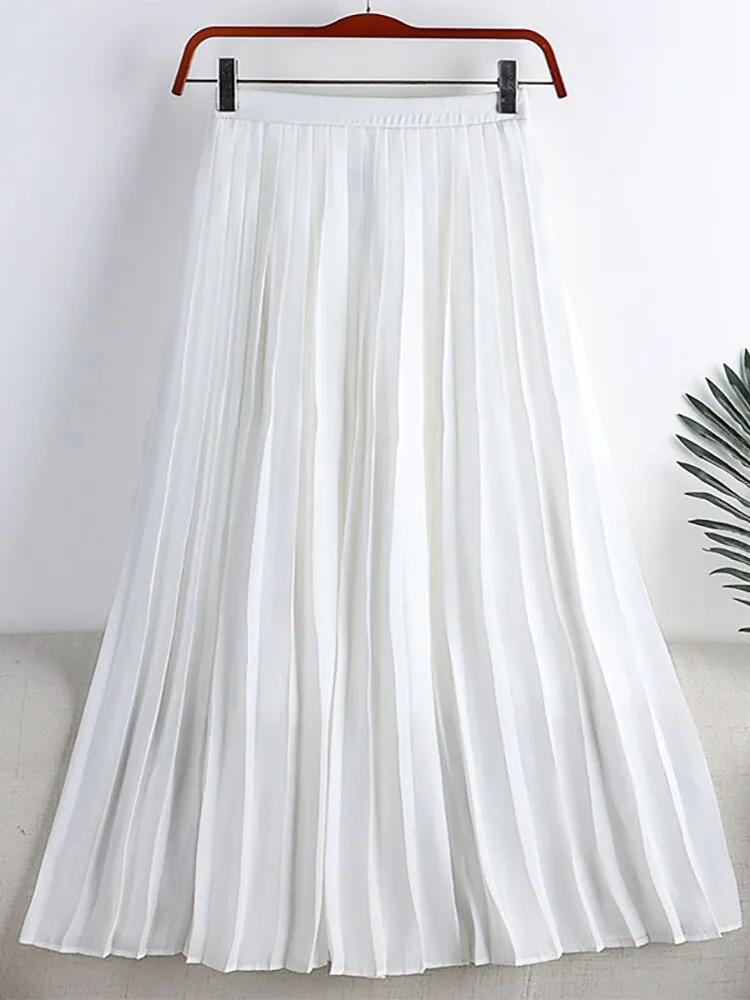 Spring Summer Women Solid Casual Flowy Chiffon Skirt Elastic High Waist Elegant Midi Pleated Skirt