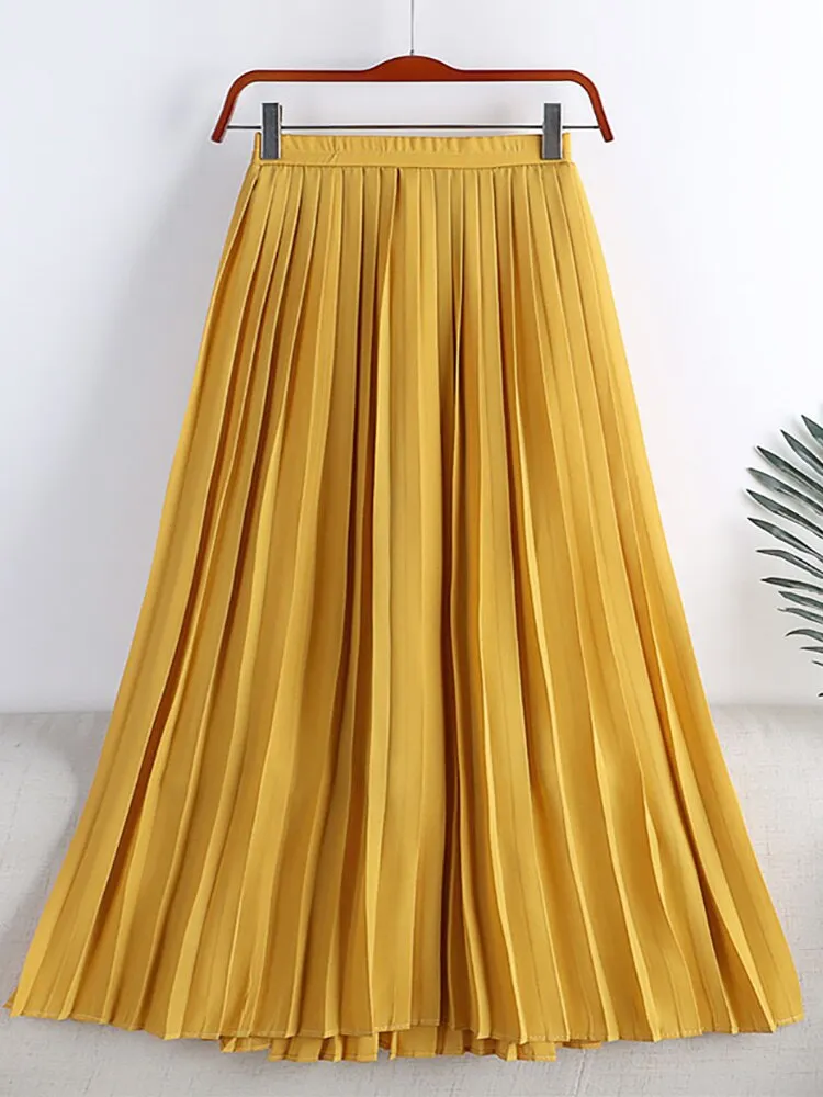 Spring Summer Women Solid Casual Flowy Chiffon Skirt Elastic High Waist Elegant Midi Pleated Skirt