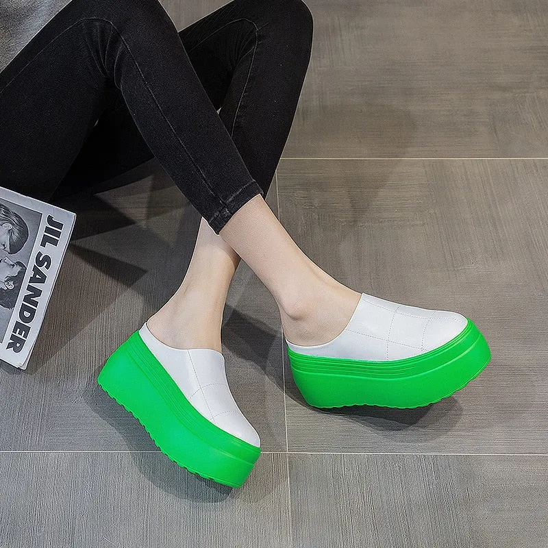 Summer Women's 8cm Green White Black Genuine Leather Platform Shoes