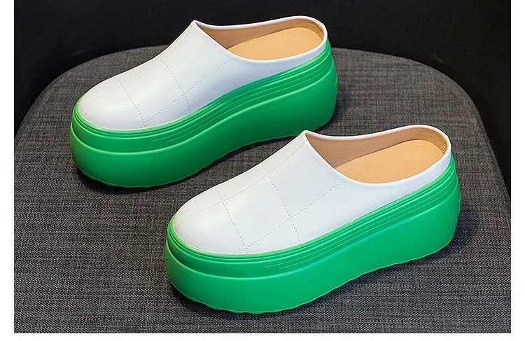 Summer Women's 8cm Green White Black Genuine Leather Platform Shoes