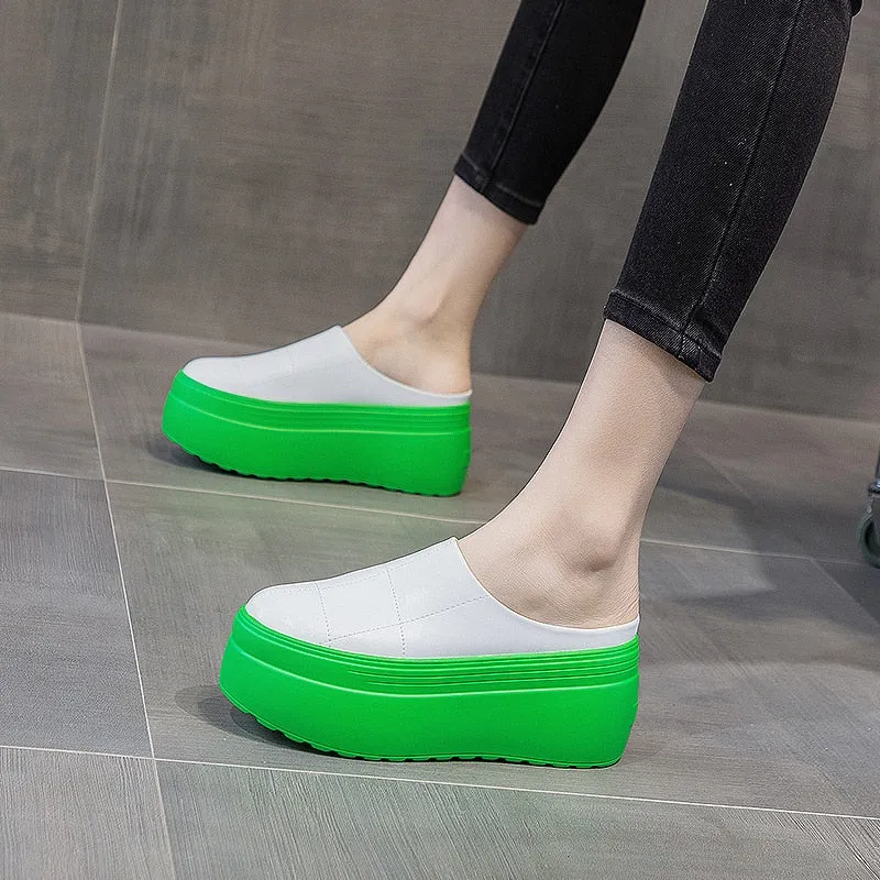 Summer Women's 8cm Green White Black Genuine Leather Platform Shoes